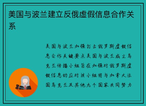 美国与波兰建立反俄虚假信息合作关系 